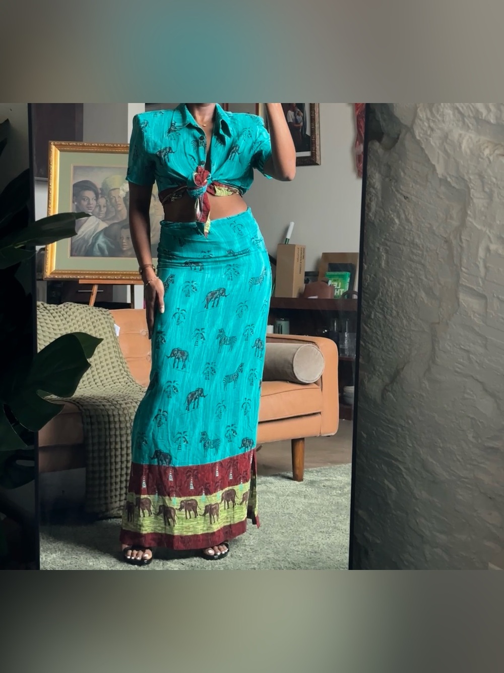 VTG 90s Teal Safari Animal Print Maxi Skirt Button Up Top Matching Co Ord Set 14